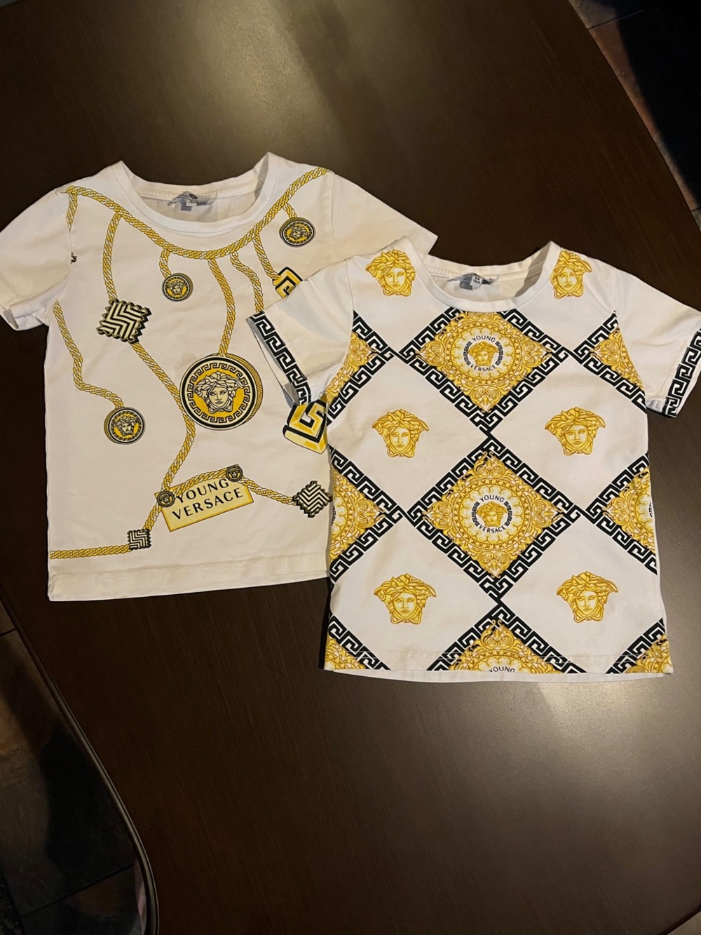 Versace Kids White Tees with Gold Chain & Medusa Print
